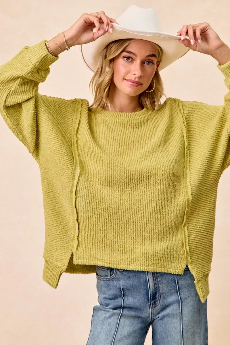 Boucle Rib Knit Uneven Hem Sweater With Open Seam