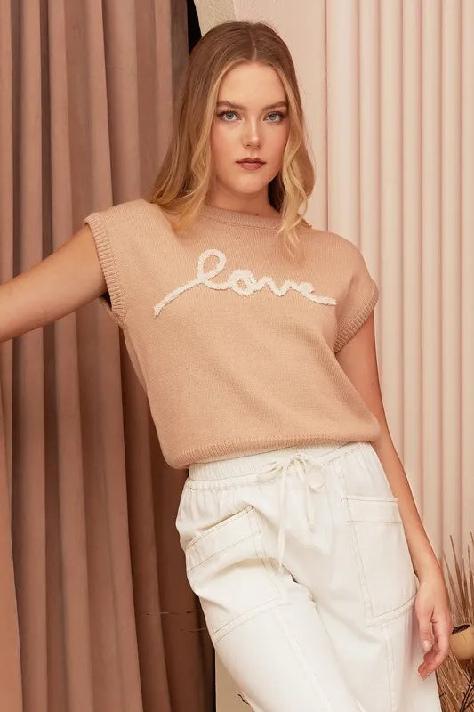 Contrast Letter Round Neck Cap Sleeve Knit Top