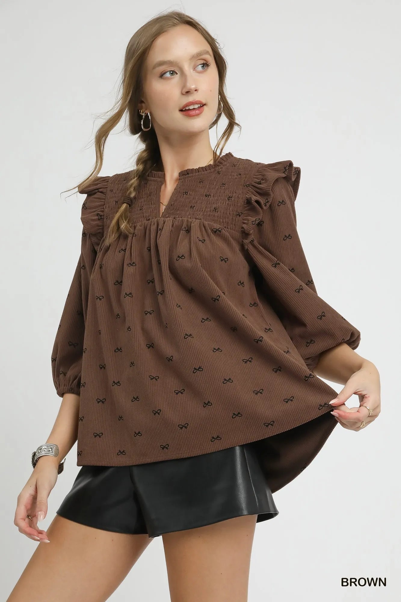 Bow Print Corduroy Puff Sleeve Blouse with Ruffled