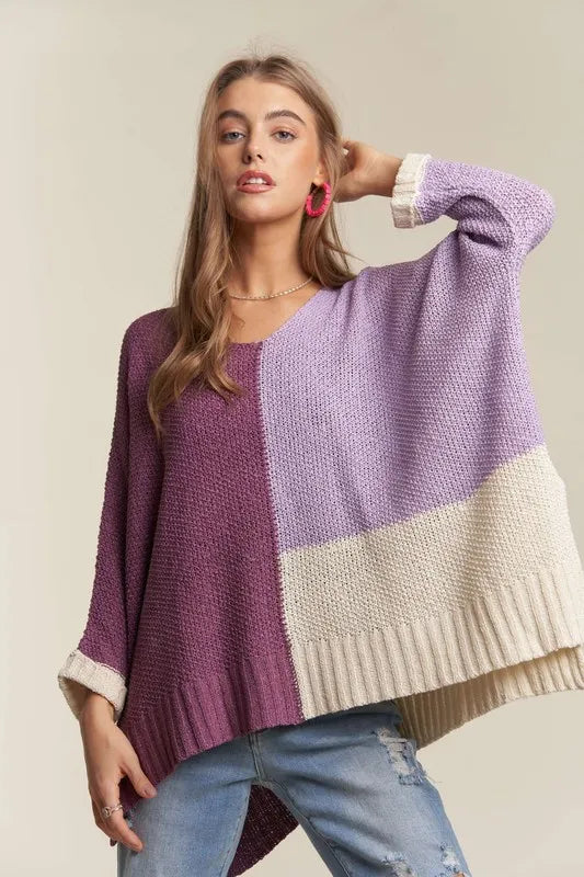 Side Slit Color Block Long Sleeve Sweater