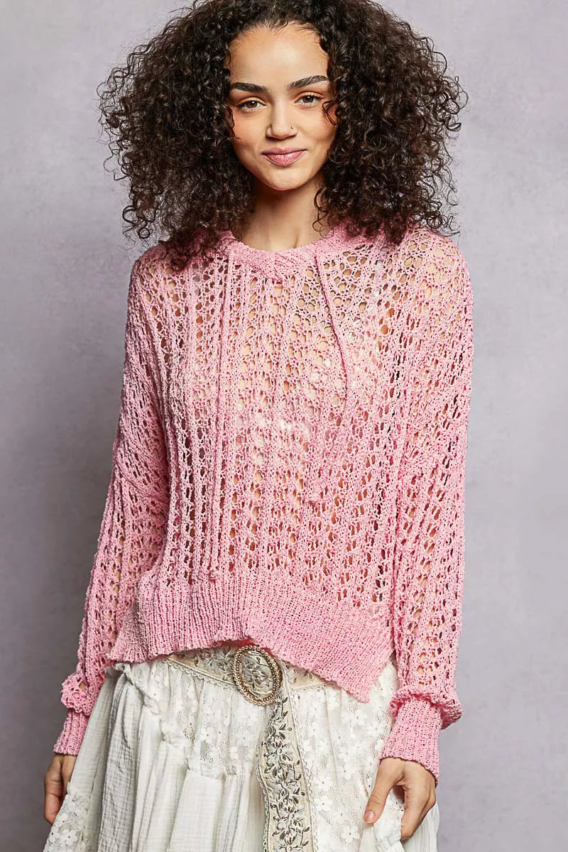 Openwork Round Neck High Low Knit Top