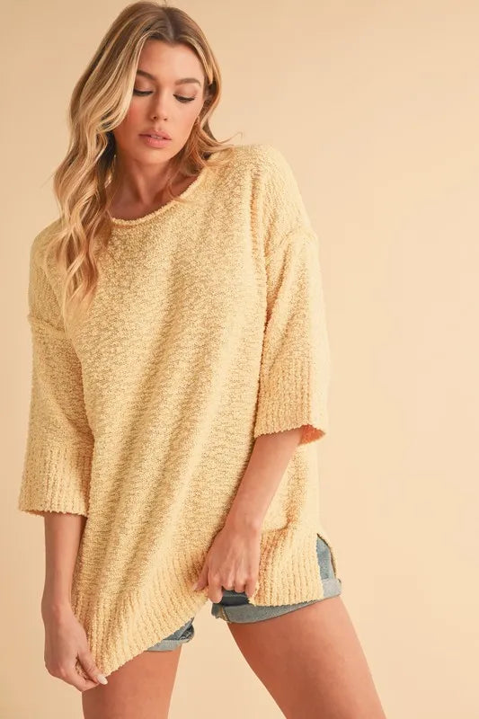 Side Slit Ribbed Hem Round Neck Sweater