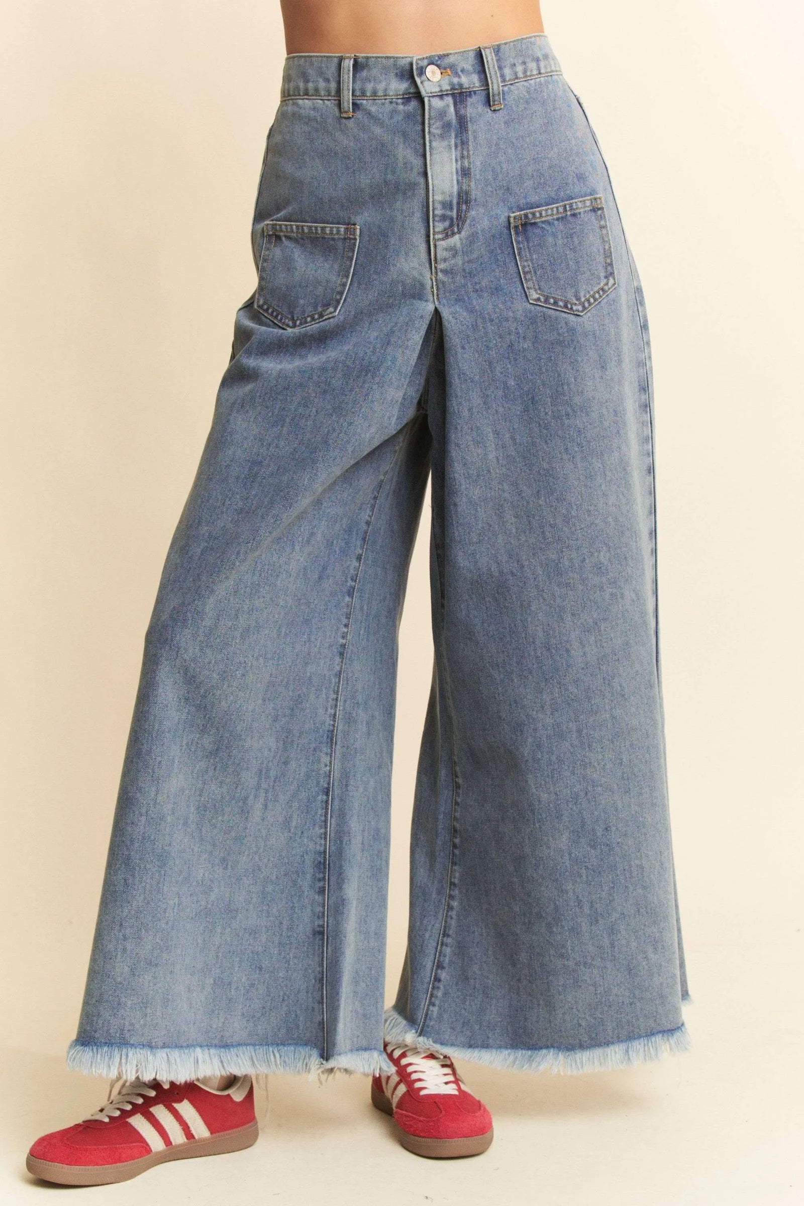 Patch Pocket Wide Leg Culotte Jeans