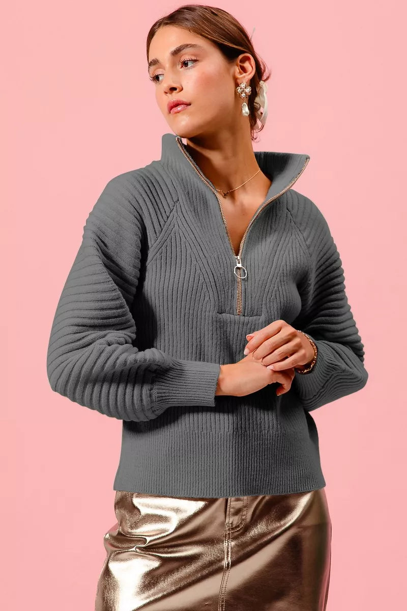 Half Zip Raglan Balloon Sleeves Ribbed Sweater