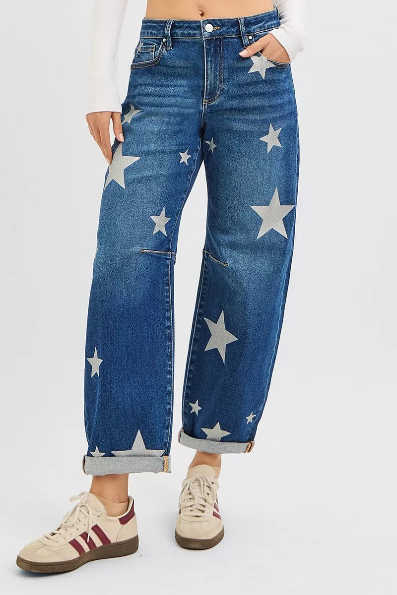 Mid Rise Ankle Length Relaxed Barrel Star Printed Jeans