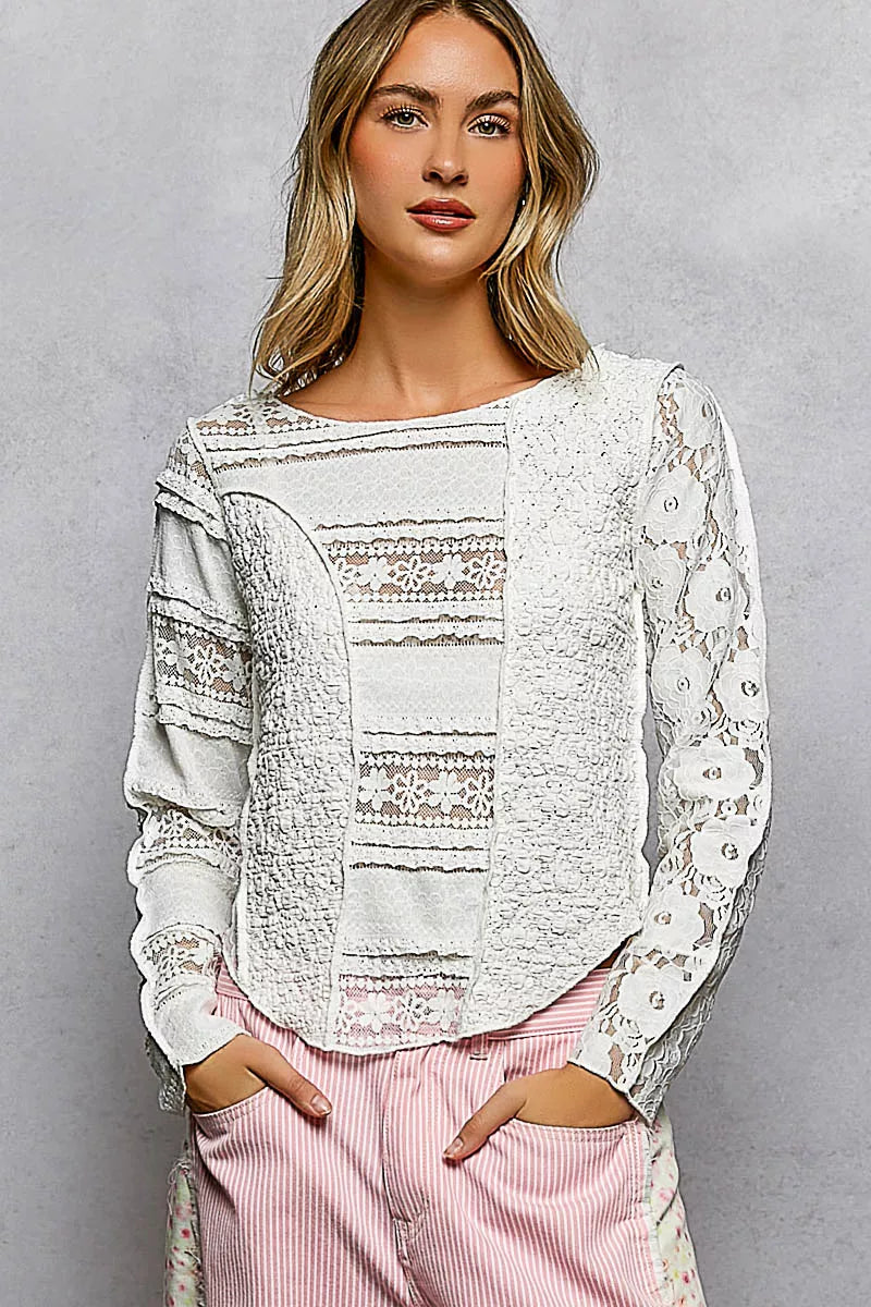Round Neck Long Sleeve Exposed Seam Top with Lace Detail