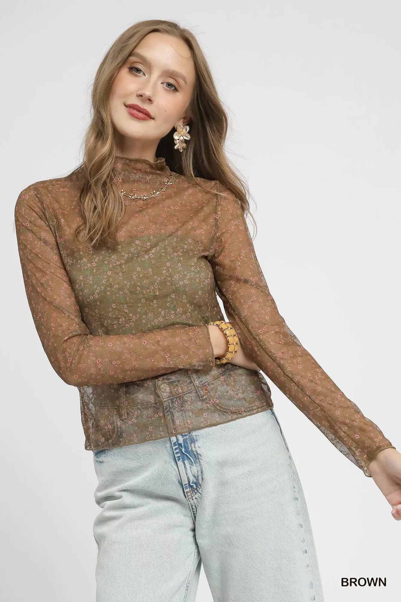 Nylon Lace Mesh Long Sleeve Top