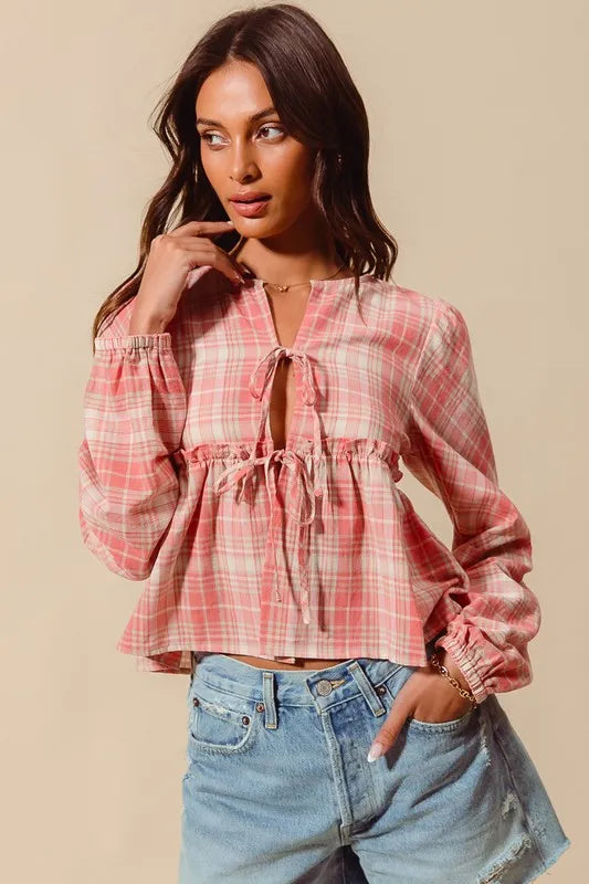 Front Tie Checkered Plaid Blouse