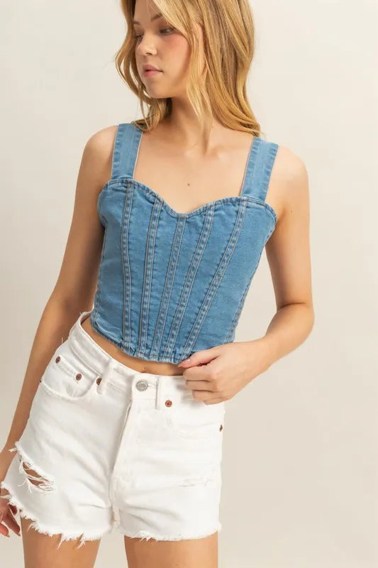 Washed Sweetheart Neck Wide Strap Denim Tank