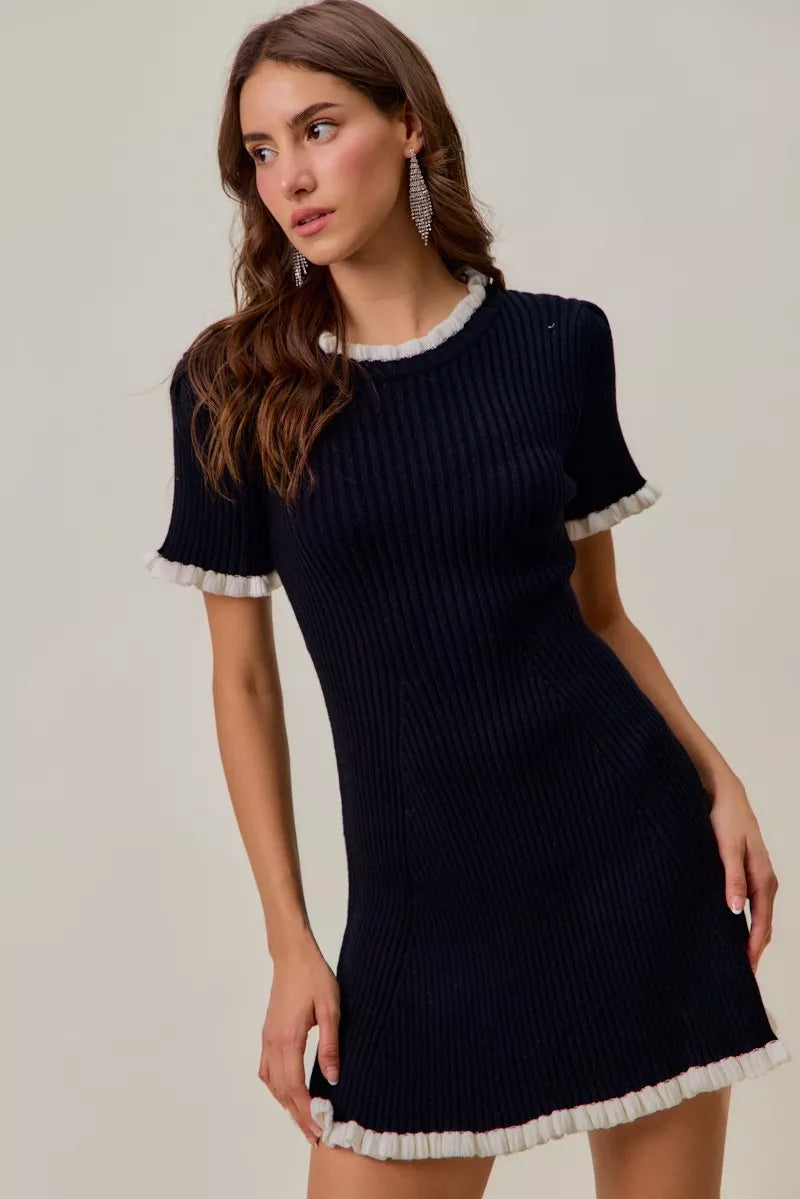 Contrast Ruffled Sweater Knit Mini Dress