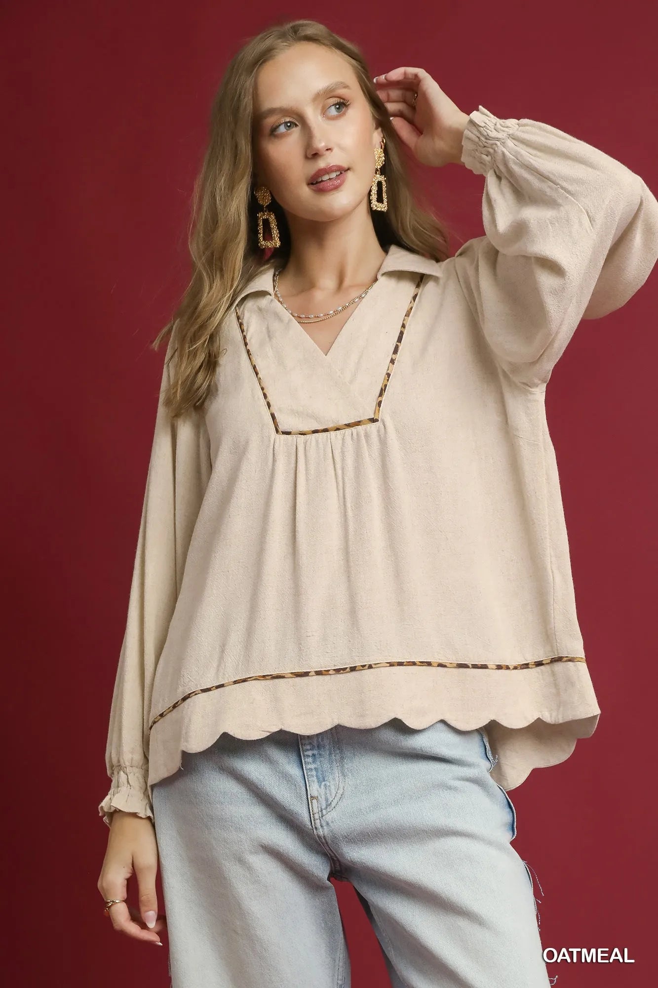 Full Size Linen Scallop Hem Blouse with Contrast Trim Plus Size