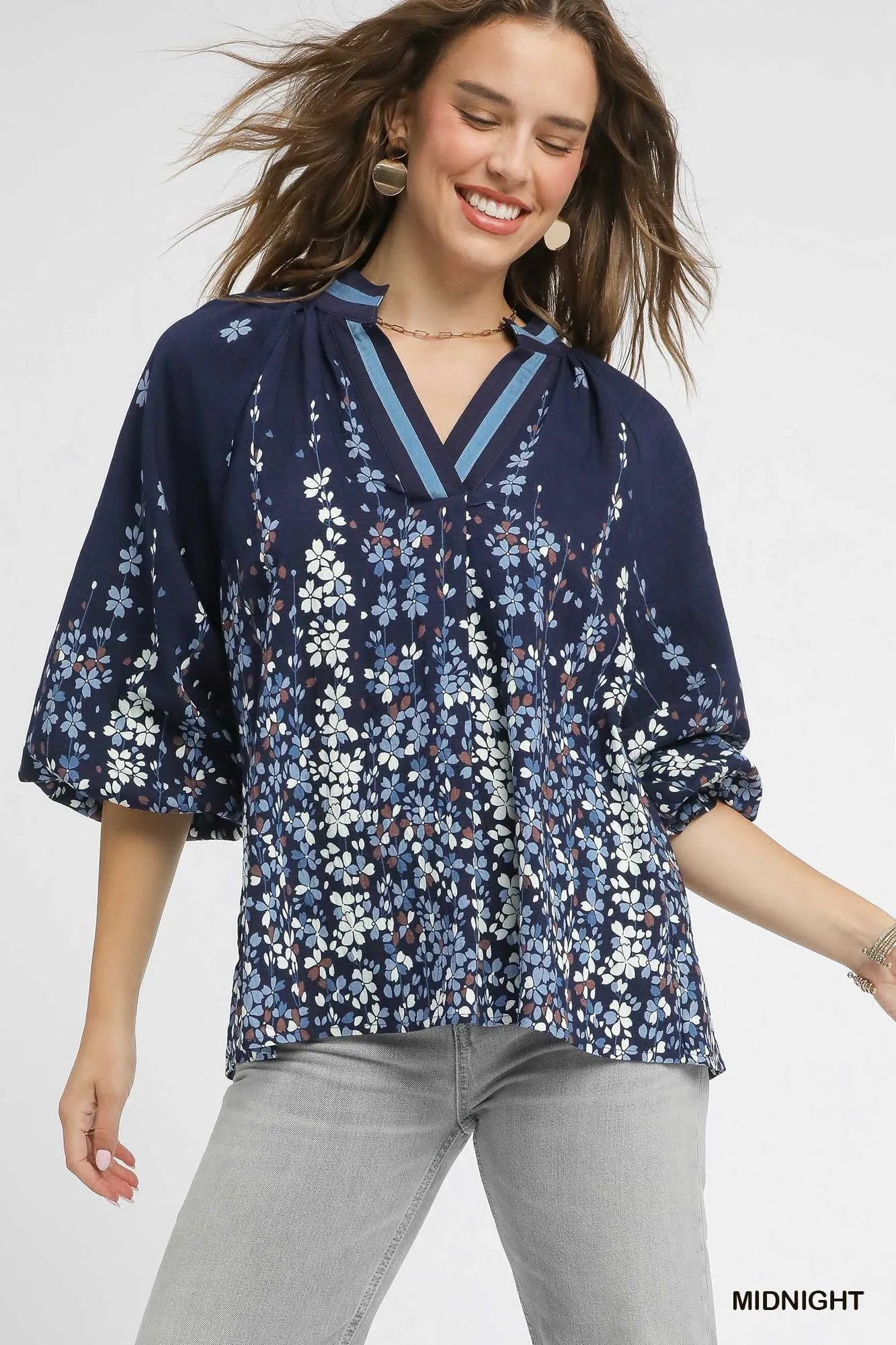 Full Size Floral Vine Print Blouse with Balloon Sleeves Plus Size
