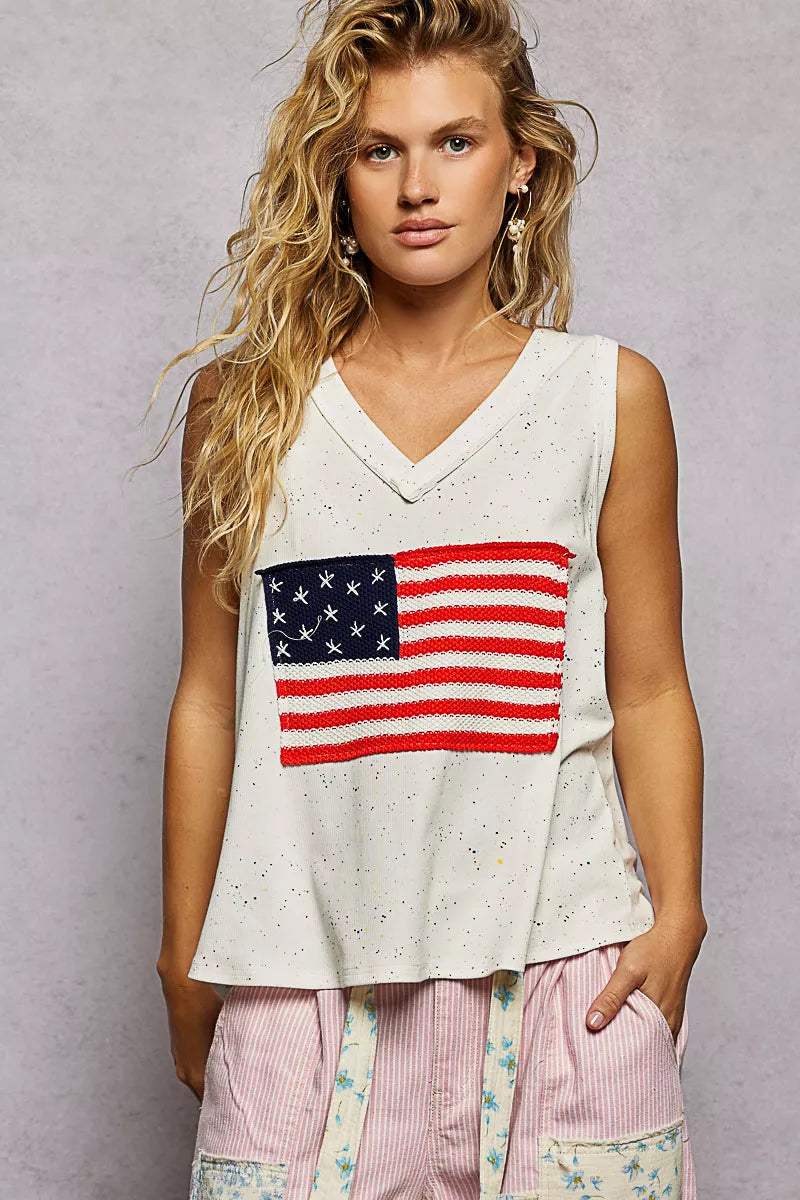 V-Neck Ribbed Tank with American Flag Patch and Star Back Patch