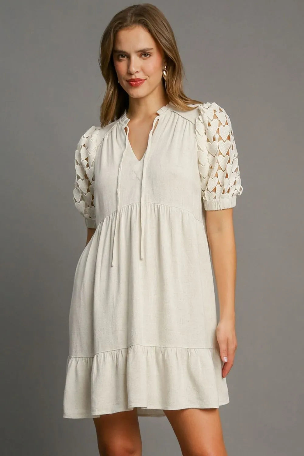 Full Size Ruffled Hem Heart Lace Sleeve Tie Neck Dress Plus Size