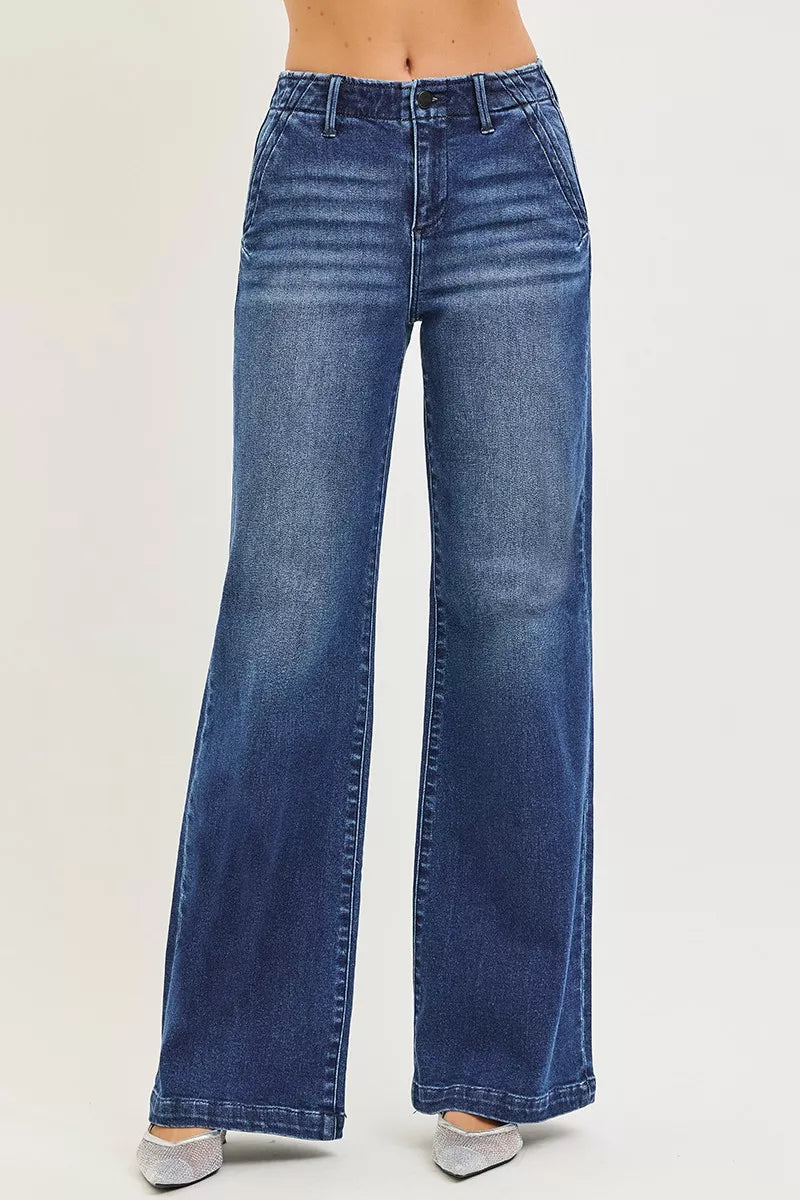 High Rise Wide Leg Slanted Pocket Jeans
