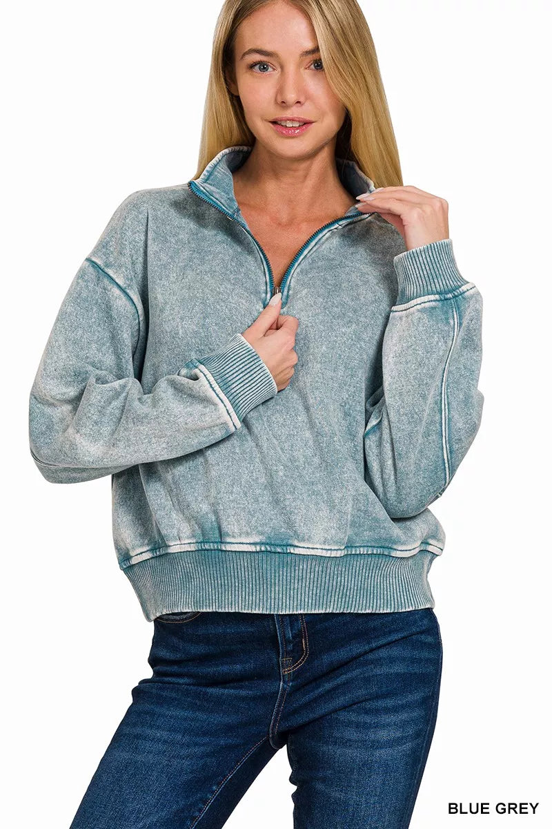 Acid Wash Fleece Half Zip Sweatshirt