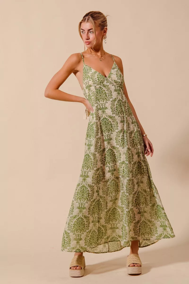 Damask Floral Summer Maxi Flowy Dress With Open Back