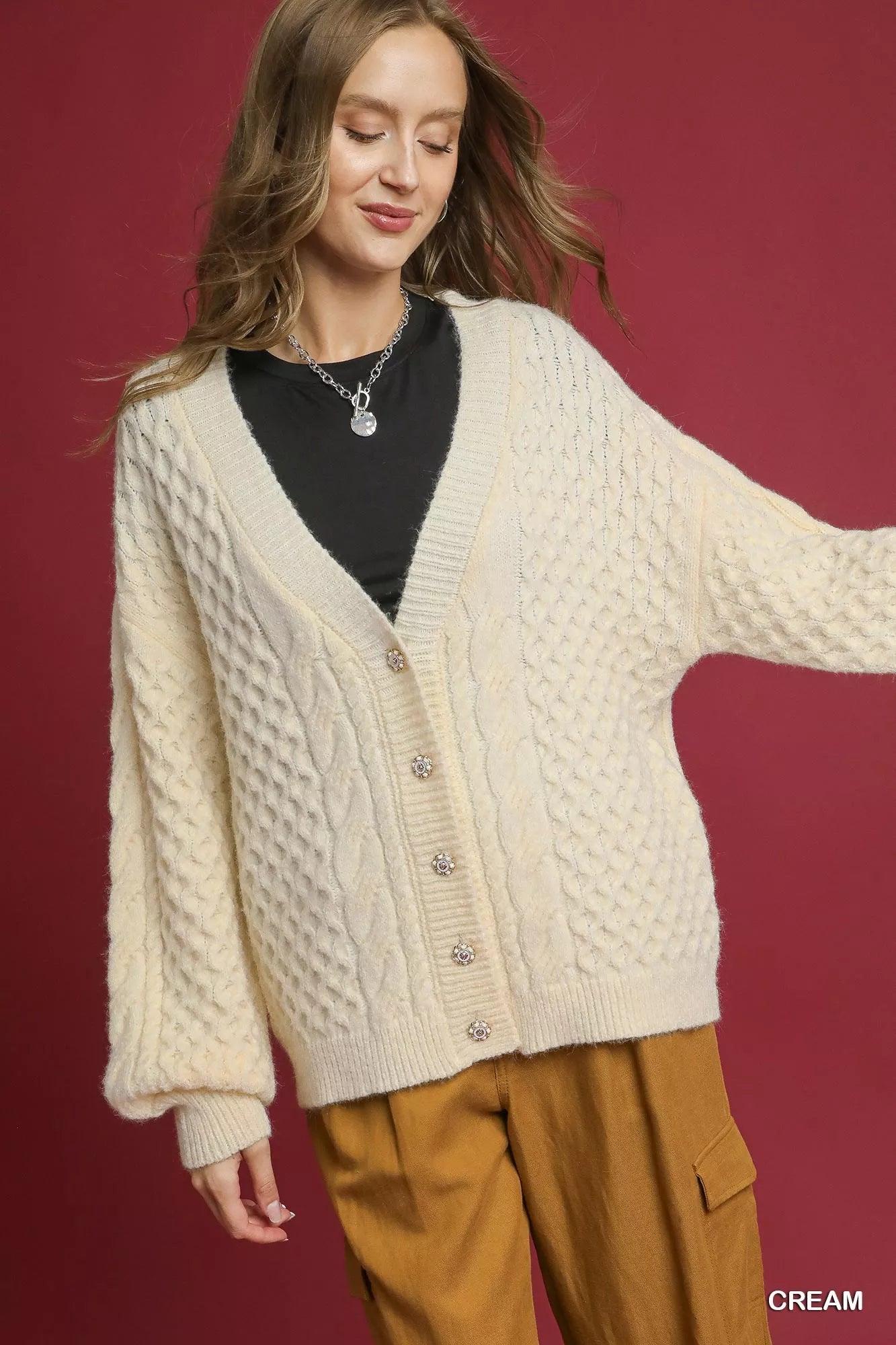Cable Knit Pearl Button Cardigan