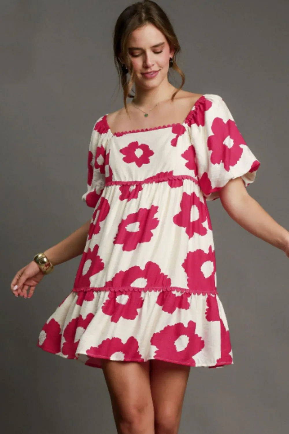 Full Size Contrast Floral Short Sleeve Mini Dress Plus Size