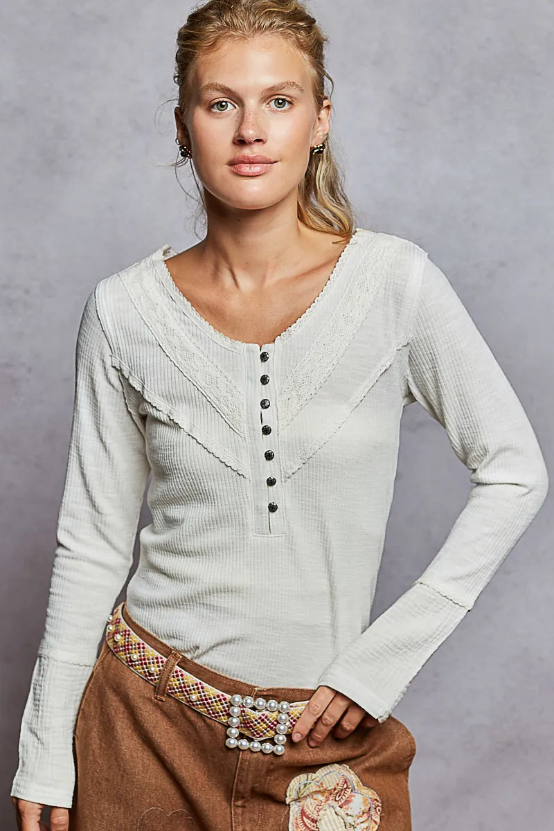 Ribbed Half Button Lace Detail Knit Top
