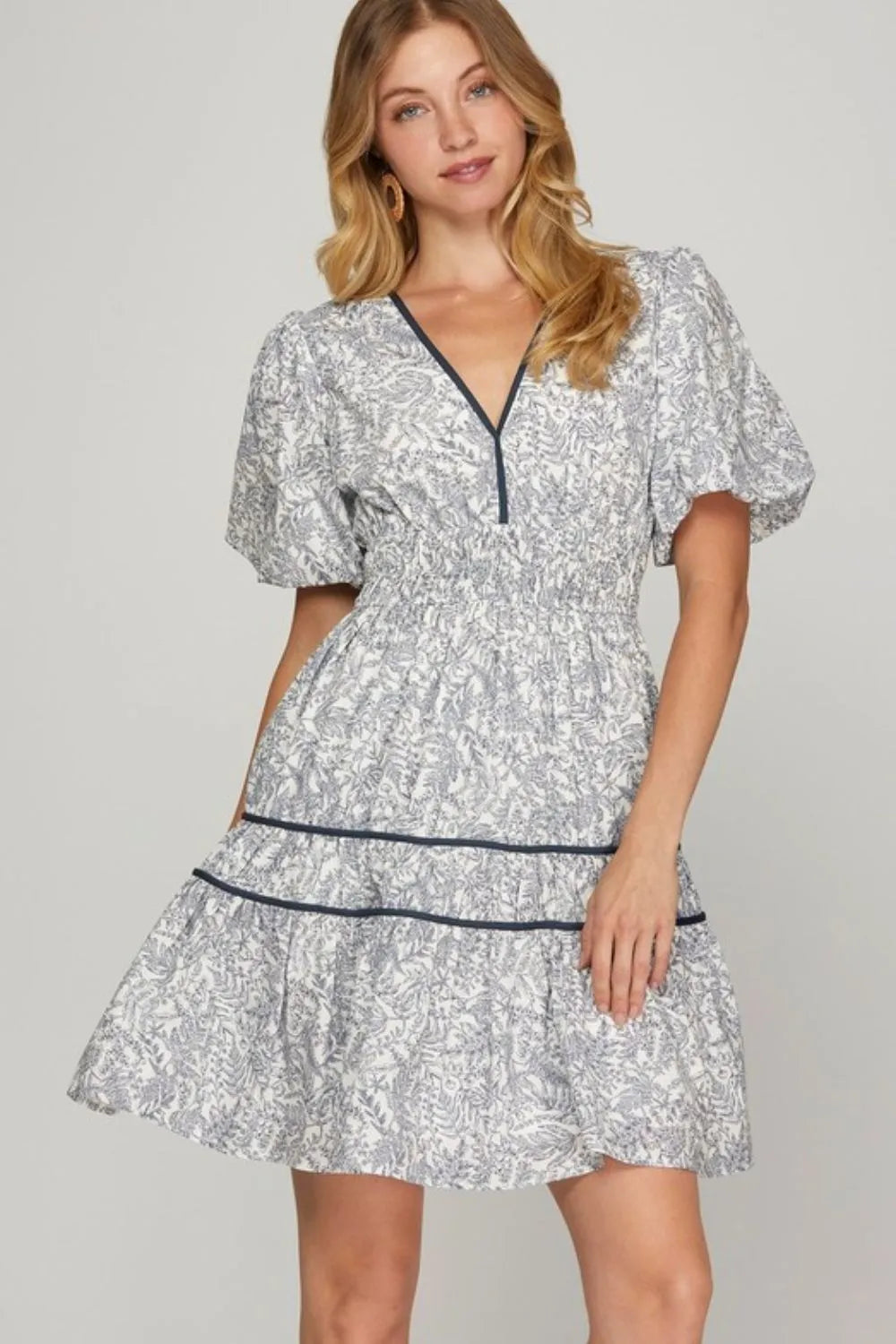 Full Size Printed V-Neck Puff Sleeve Tiered Dress Plus Size