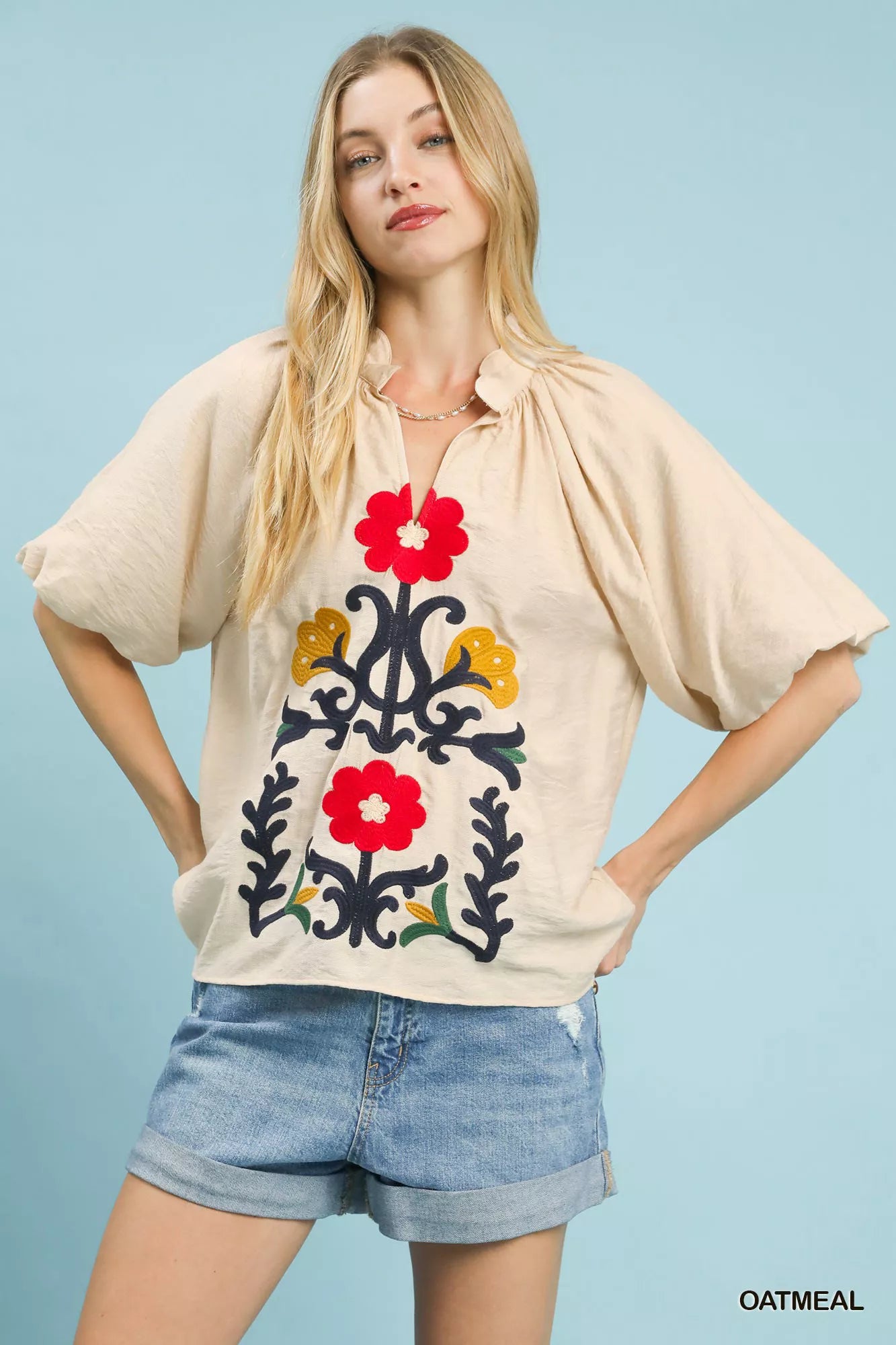 Embroidered Boho Puff Sleeve Blouse
