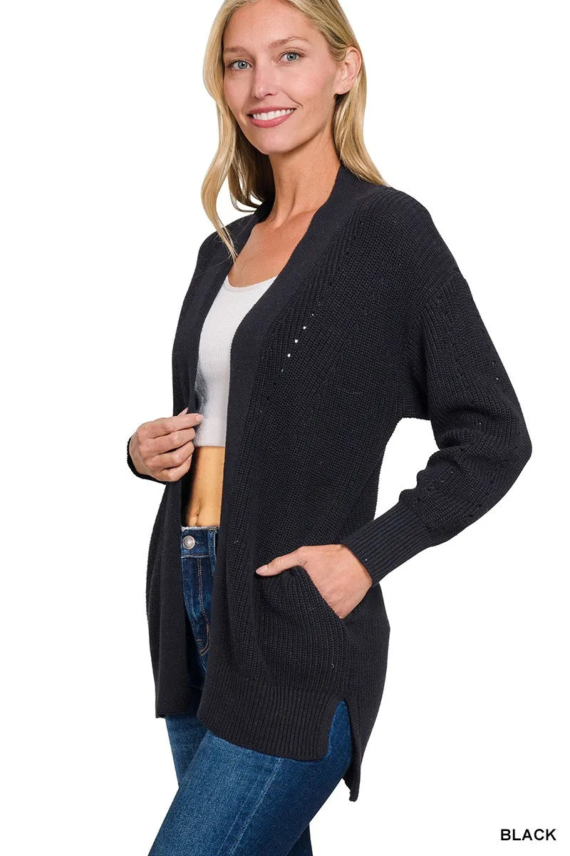 Eyelet Open Sweater Cardigan with Pockets