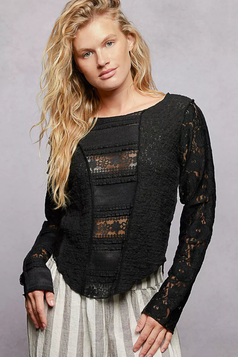 Round Neck Long Sleeve Exposed Seam Top with Lace Detail
