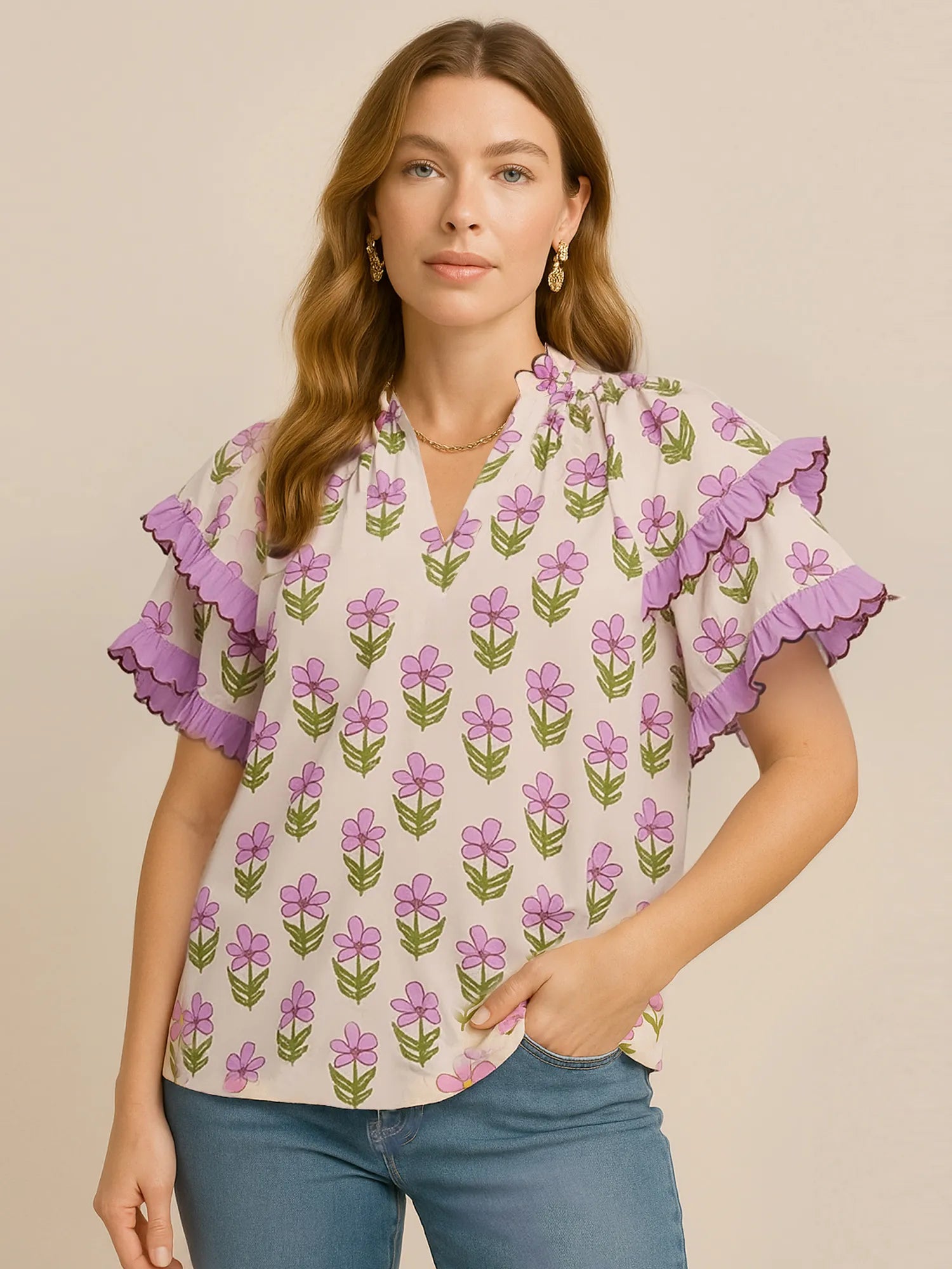 Floral Print Ruffle Short Sleeve Blouse