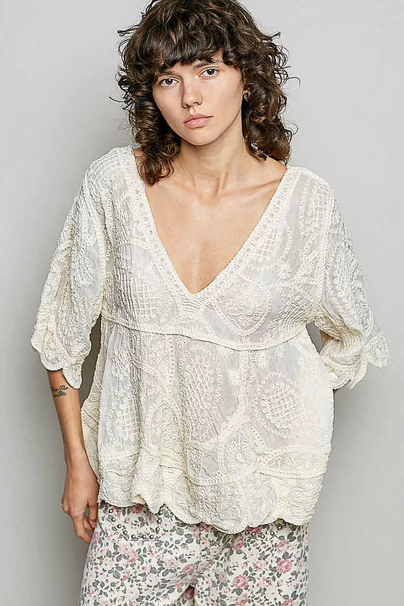 V-Neck Crochet Blouse with Scalloped Hem
