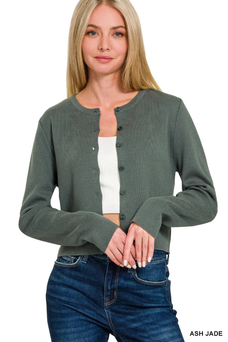 Button-Front Crewneck Long Sleeve Cropped Cardigan