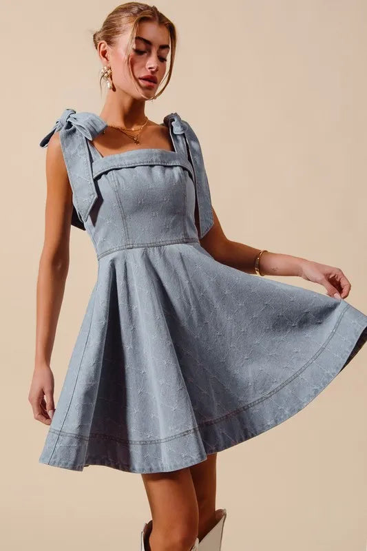 A Line Fit and Flare Diamond Bow Ribbon Denim Dres