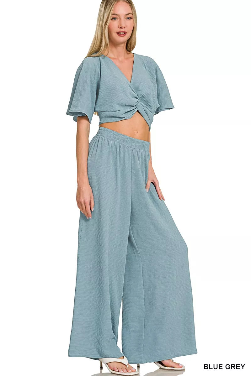 Woven Airflow Twisted Top & Wide Leg Pants Set