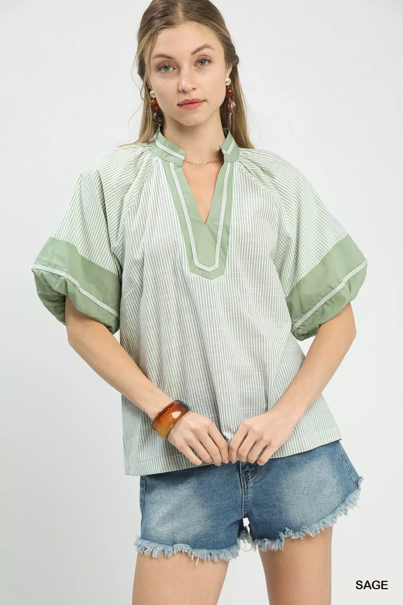 Striped Mixed Puff Sleeve Blouse