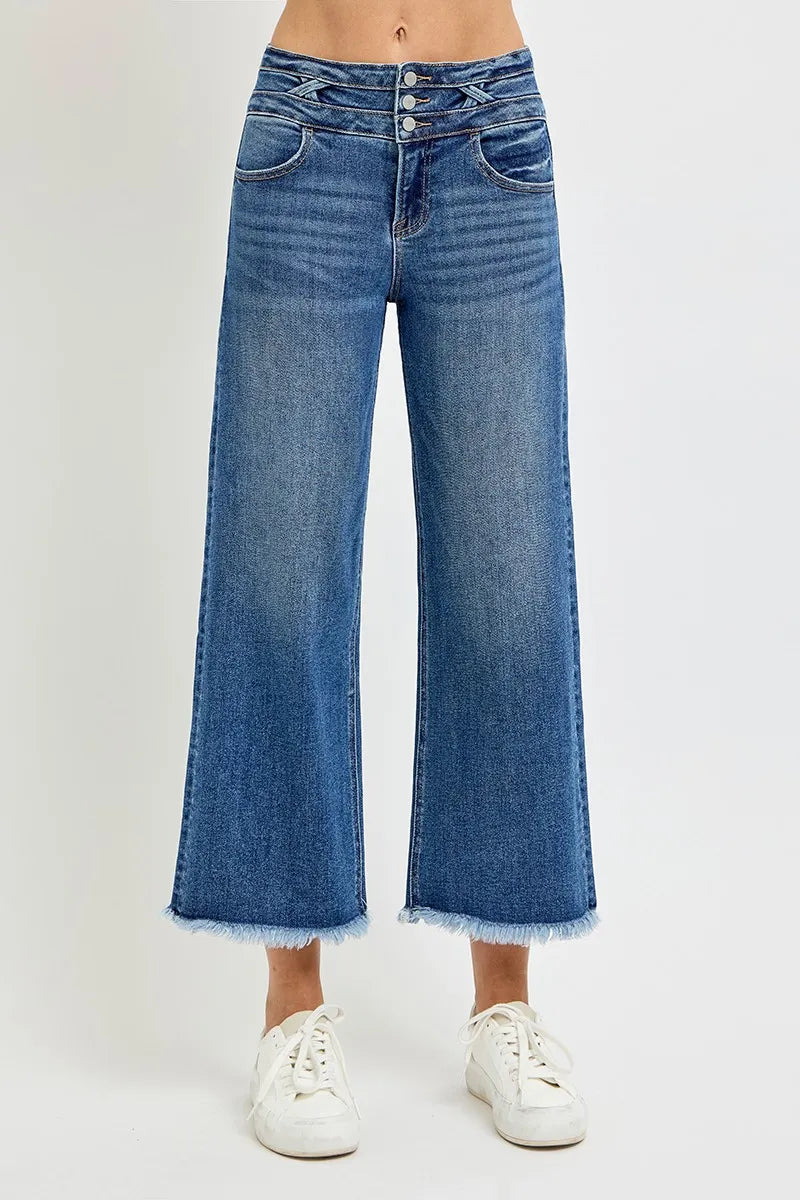 High Rise Crop Wide Leg Jeans with Wide Band Detail