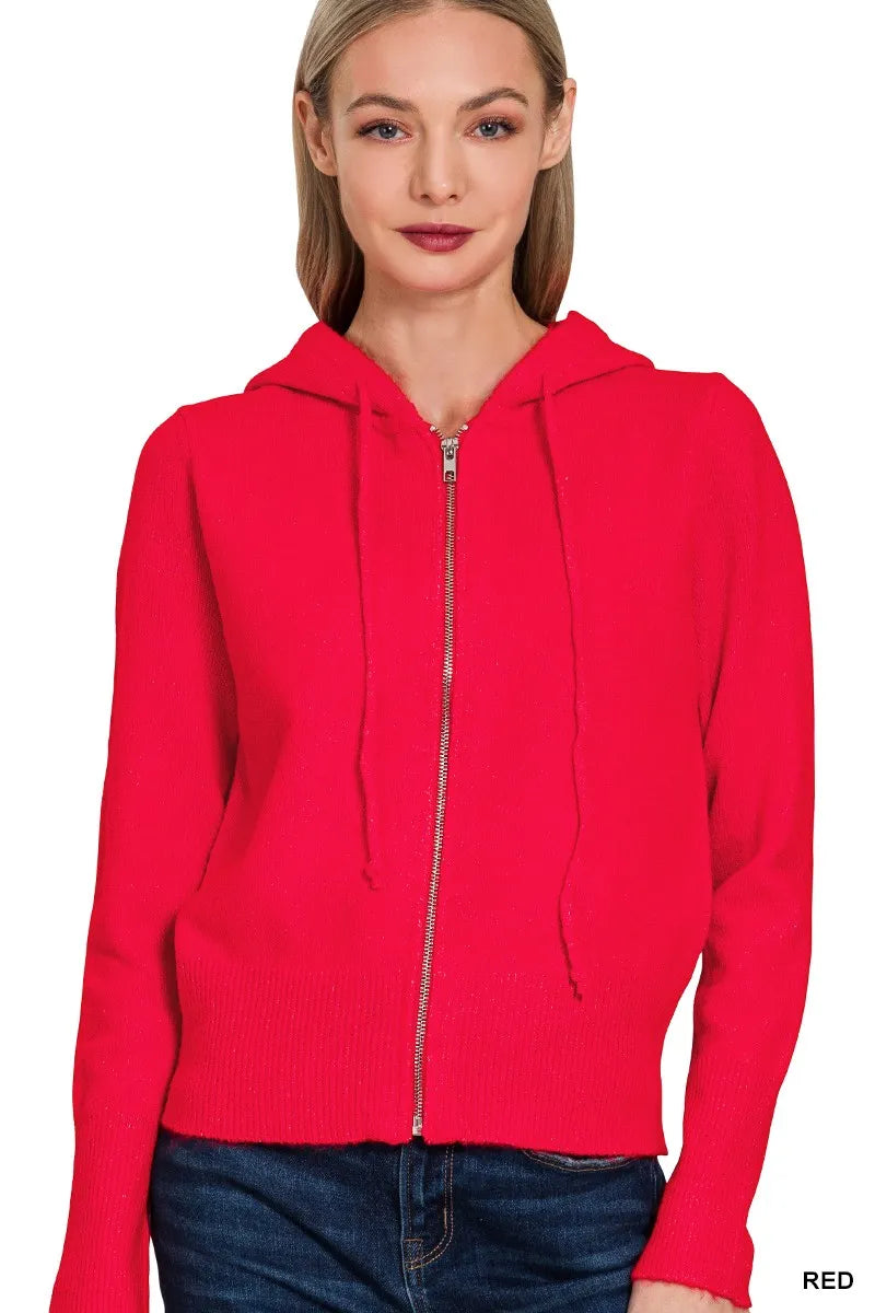 Drawstring Zip Up Hooded Cardigan