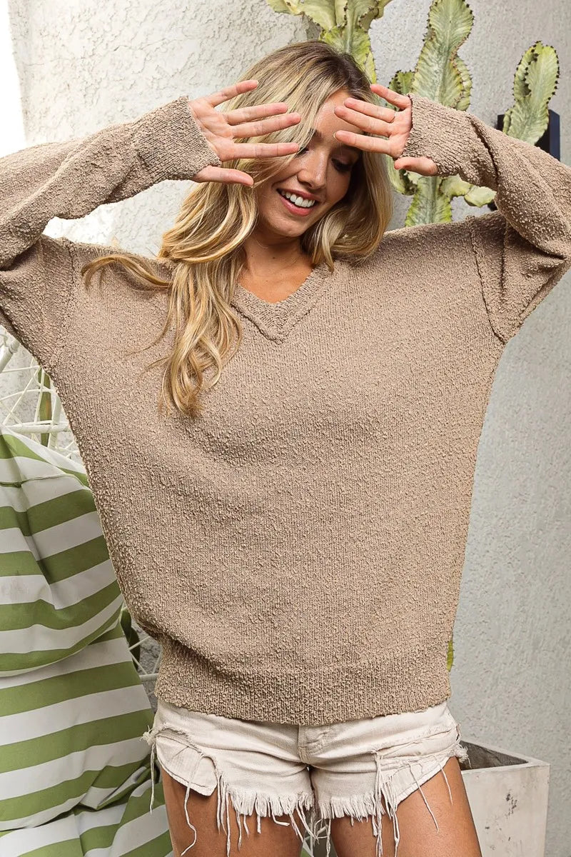 Raw Edged Popcorn Texture V-neck Sweater