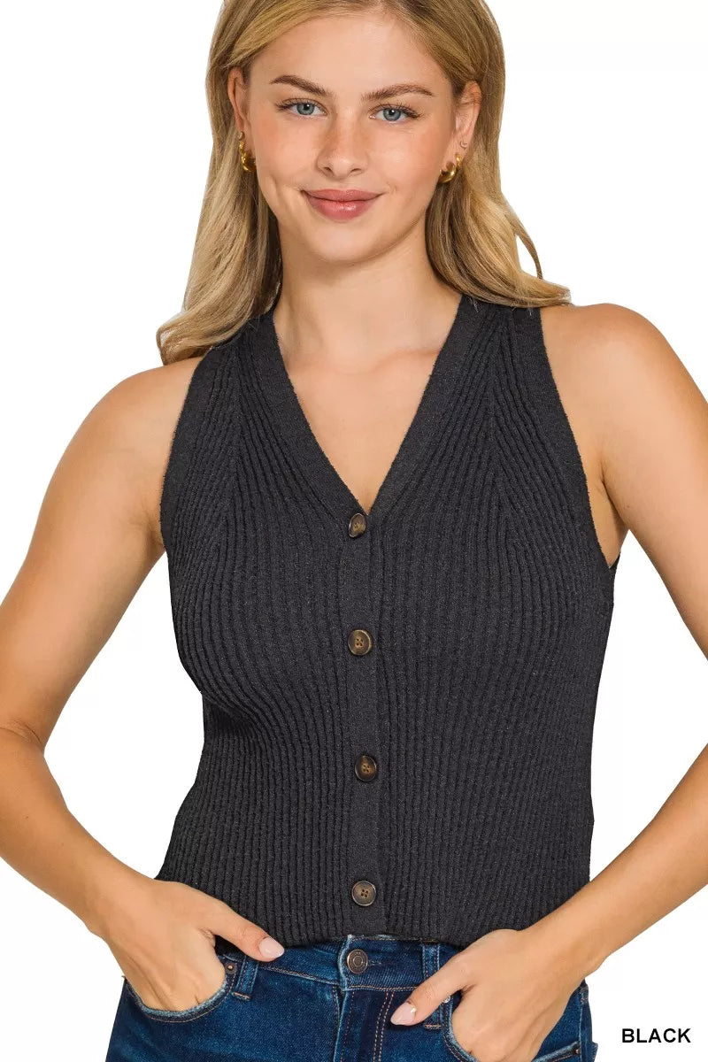 Ribbed Knit Button-Down Sweater Vest