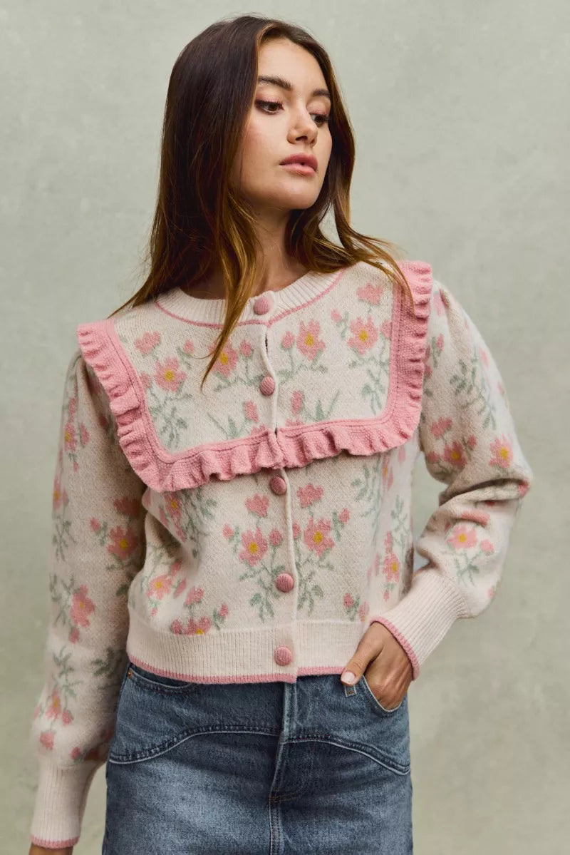 Flower With Ruffle Detailing Sweater Cardigan