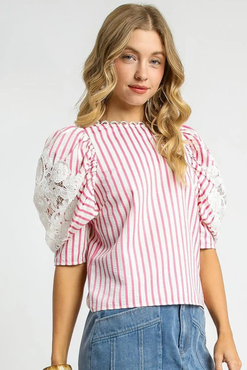 Striped Lace Puff Sleeve Blouse