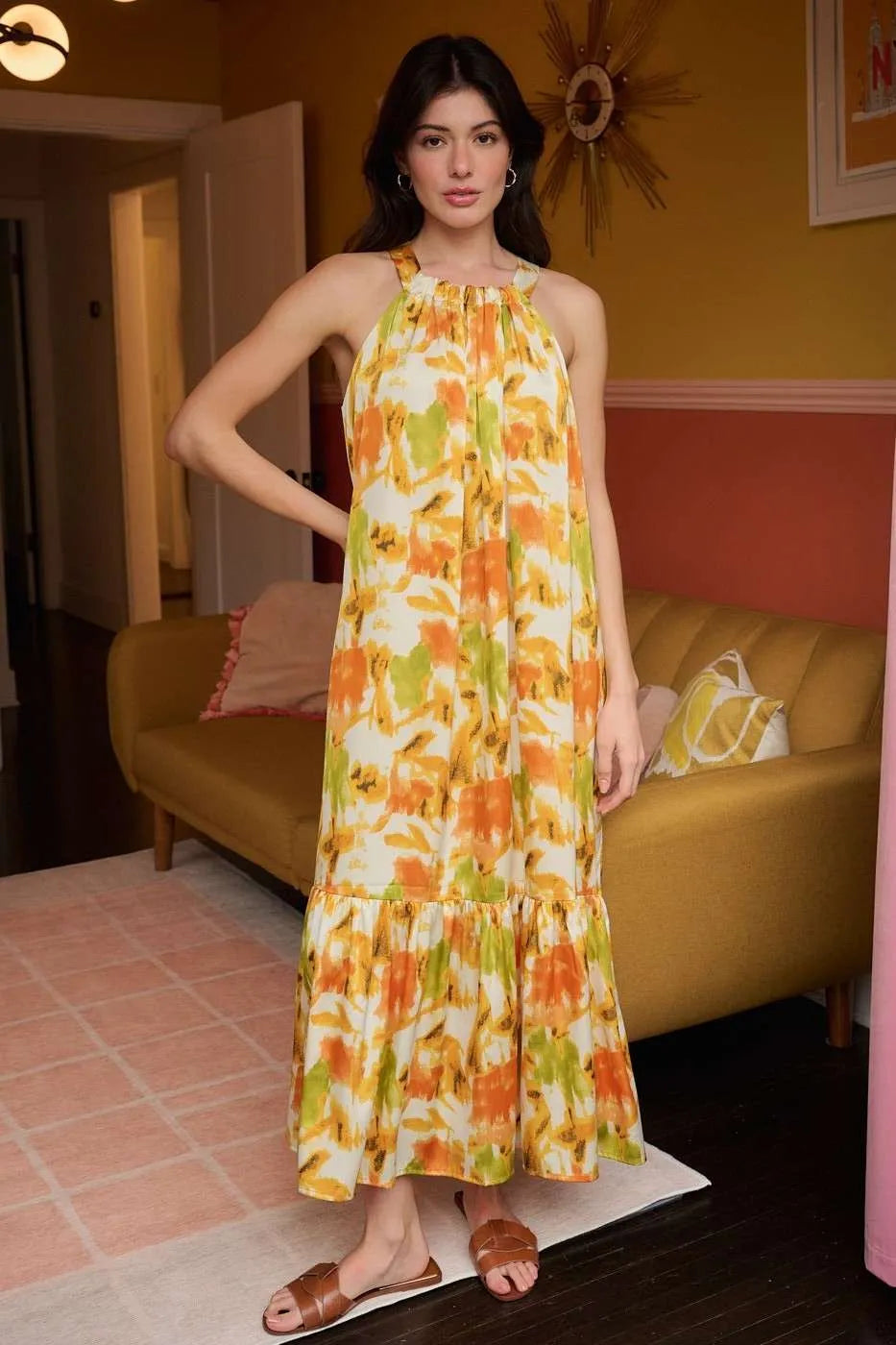 Watercolor Print Halter Neck Satin Maxi Dress