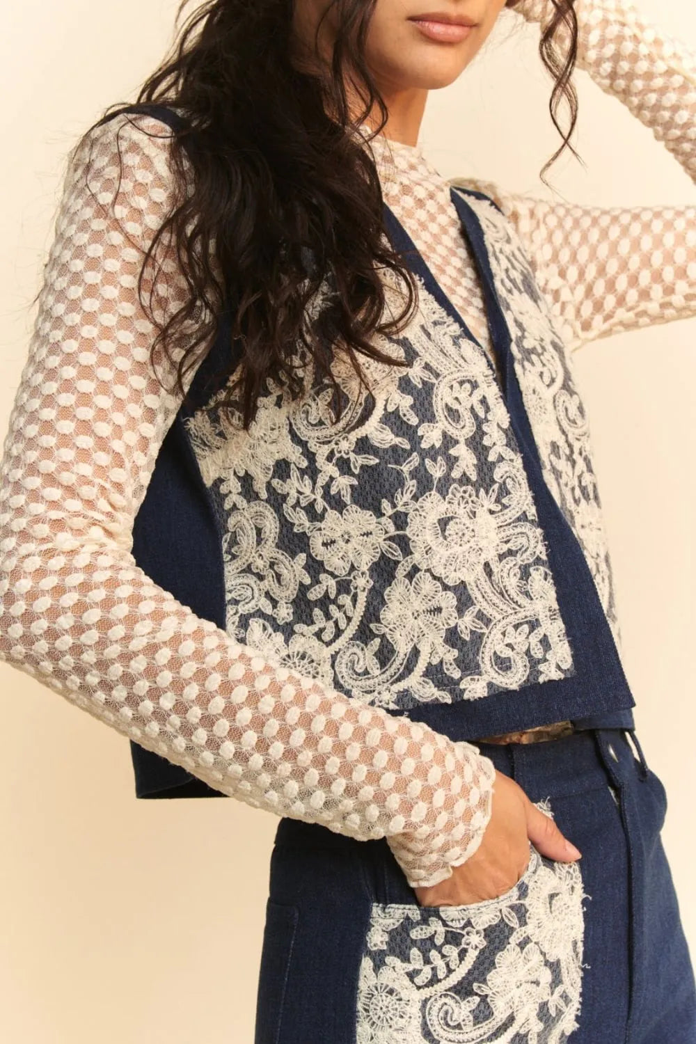 Lace Patch Open Front Denim Vest