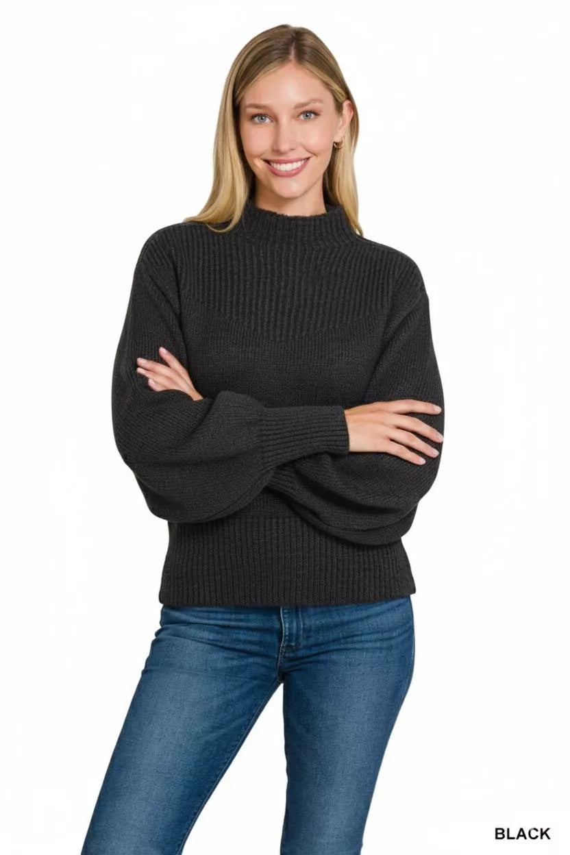 Balloon Sleeve Mock Neck Sweater