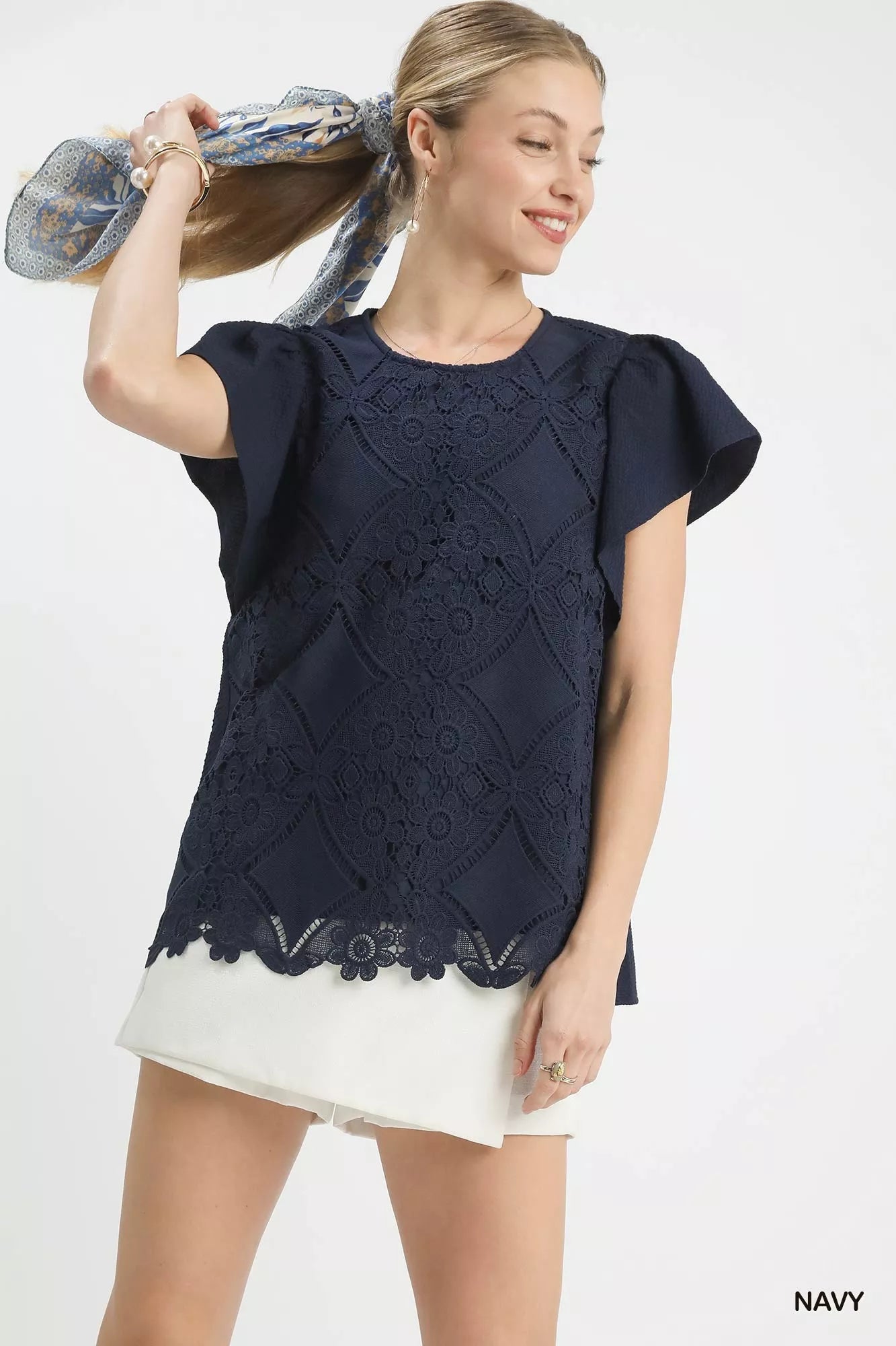 Floral Lace Overlay Flutter Sleeve Top