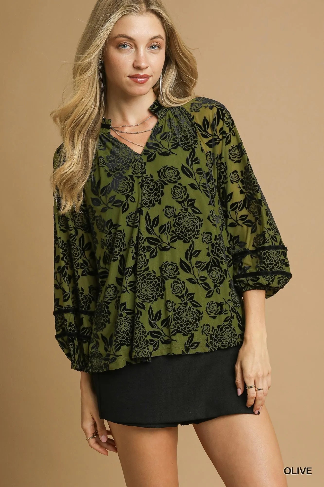 Full Size Floral Velvet Blouse with Balloon Sleeves Plus Size