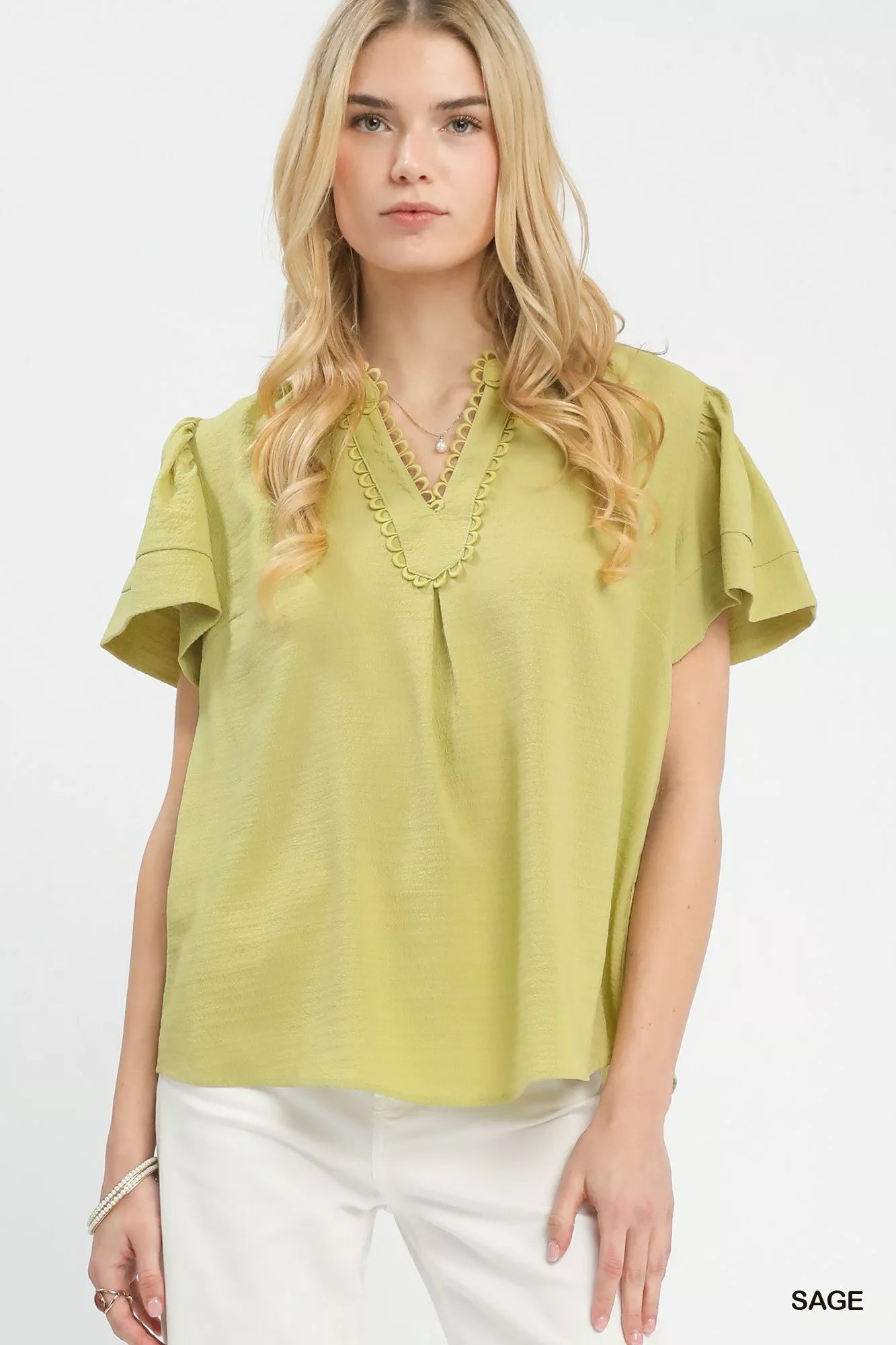 Seersucker Short Sleeve Top with Lace Trim