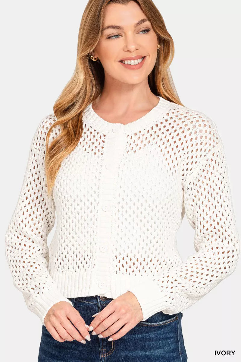 Button Down Lightweight Crochet Cardigan Sweater