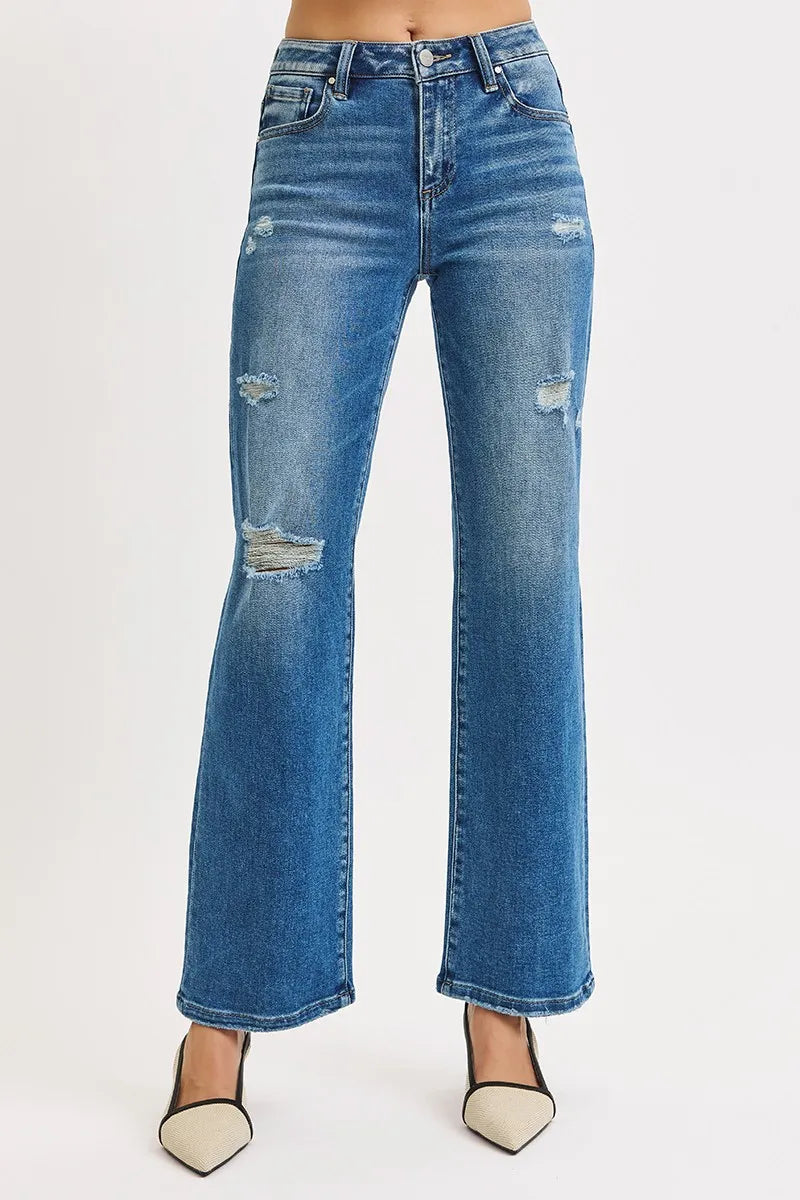 Full Size High Rise Ankle Straight Front Body Distressed Jeans Plus Size