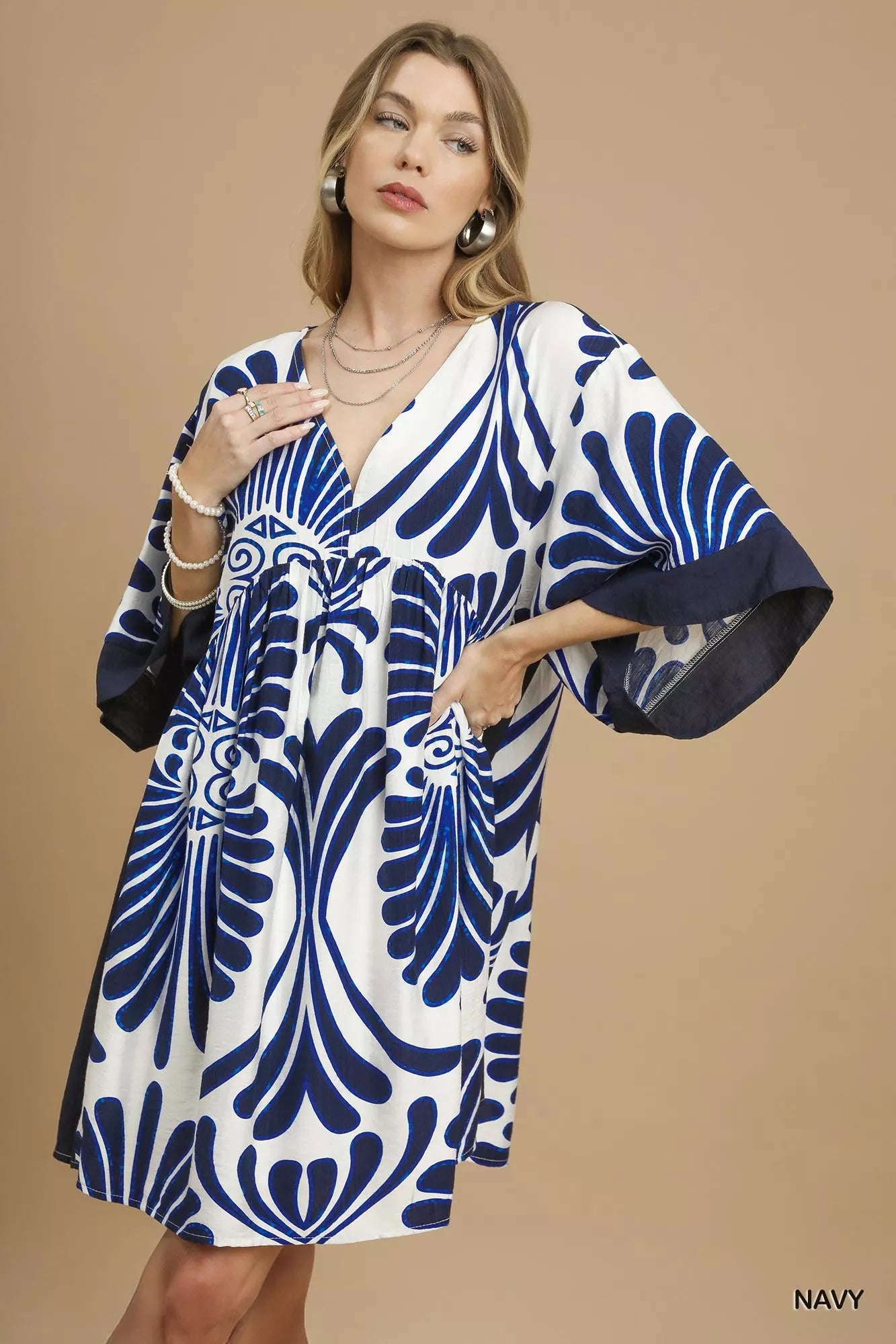 Abstract Print Kimono Sleeve Mini Dress