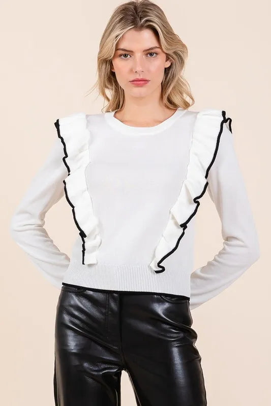 Contrast Trim Ruffled Round Neck Knit Top
